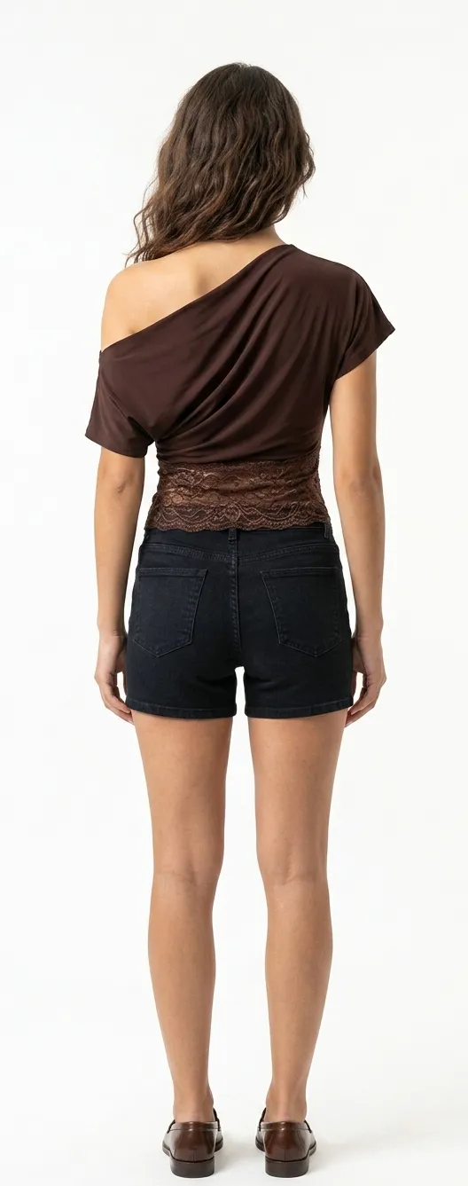 Dantel Bel Detaylı Tek Omuz Bluz 4