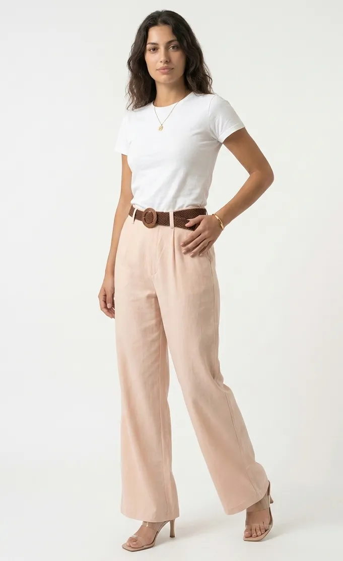 Pudra Yüksek Bel Bol Paça Pantolon